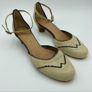 Women’s Beige Ankle Strap Dress Heels with navy Trim